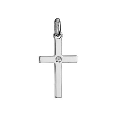 Pendentif croix en argent rhodié petit modèle avec 1 oxyde blanc serti au centre