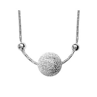 Collier en argent chaîne avec pendentif boule de neige et 1 petite boule lisse de chaque côté - longueur 42cm + 3cm