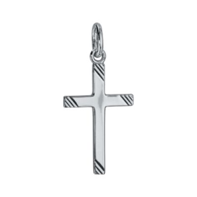 Pendentif croix en argent rhodié avec stries aux extrémités 22mm