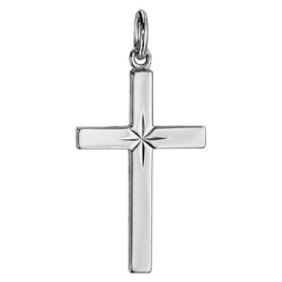 Pendentif croix en argent rhodié avec étoile diamantée au centre 27mm