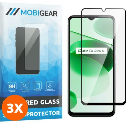 Mobigear Premium - Realme C35 Verre trempé Protection d'écran - Compatible Coque - Noir (Lot de 3)