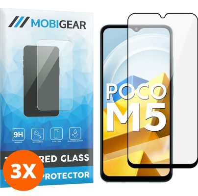 Mobigear Premium - POCO M5 Verre trempé Protection d'écran - Compatible Coque - Noir (Lot de 3)