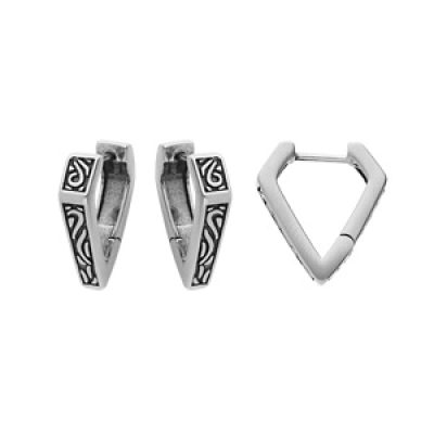 Boucles d'oreille en acier patiné forme v large avec motifs tribal