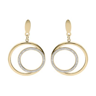 Boucles d'oreille en acier et PVD jaune anneaux suspendus avec cristaux et fermoir poussette
