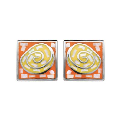 Boucles d'oreille Stella Mia en acier et nacre forme rectangle avec spirale orange et jaune et fermoir poussette