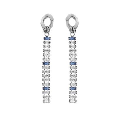 Boucles d'oreille en acier pendantes avec chaînette d'oxydes blancs et bleu foncé sertis en cascade et fermoir poussette