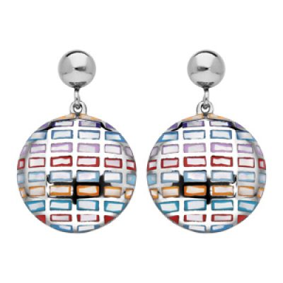 Boucles d'oreille pendantes en acier Stella Mia ronde motif rectangles multi-couleur et nacre et fermoir poussette