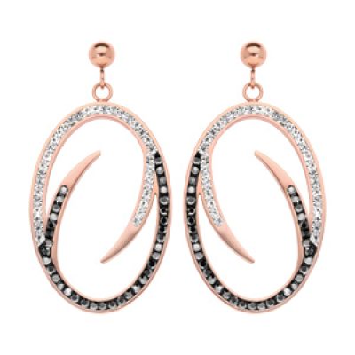 Boucles d'oreille pendantes en acier et PVD rose ovale avec oxydes noirs et blancs et fermoir poussette
