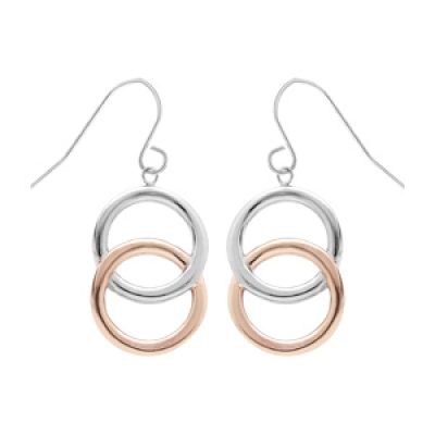 Boucles d'oreille pendantes en acier et  PVD rose double cercle et fermoir crochet