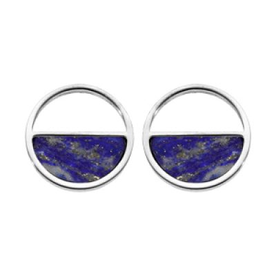 Boucles d'oreille en acier cercle avec Lapis Lazuli véritable et fermoir poussette