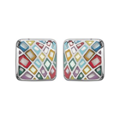 Boucles d'oreilles Stella Mia en acier et nacre blanche véritable plateau carré motifs géométriques et couleurs pastel et fermoir poussette