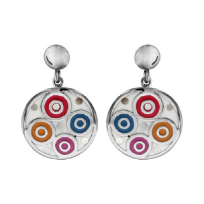 Boucles d'oreilles Stella Mia en acier pendantes motifs spirales et multicolores avec nacre blanche véritable et fermoir poussette