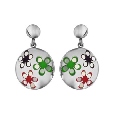 Boucles d'oreilles Stella Mia en acier pendantes motifs fleurs multicolores et nacre blanche véritable avec fermoir poussette