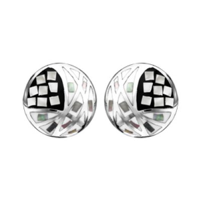 Boucles d'oreilles Stella Mia en acier et nacre blanche véritable plateau rond avec motifs géométriques et noir et blanc et fermoir poussette
