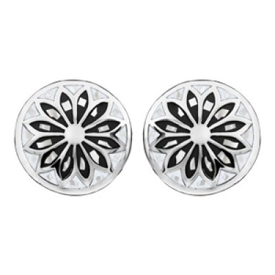 Boucles d'oreilles Stella Mia en acier et nacre blanche véritable plateau rond bombé motif fleur et noir et blanc et fermoir poussette