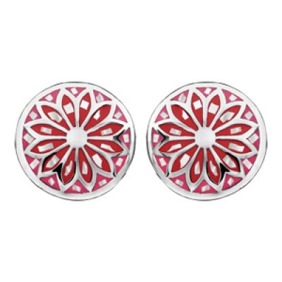 Boucles d'oreilles Stella Mia en acier et nacre blanche véritable plateau rond bombé motif fleur et dégradé de rouge et rose et fermoir poussette