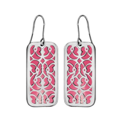 Boucles d'oreilles en acier rectangulaire motifs volutes fond rose et fermoir crochet