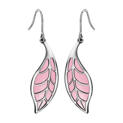 Boucles d'oreilles en acier forme de feuille motif feuillage rose et fermoir crochet