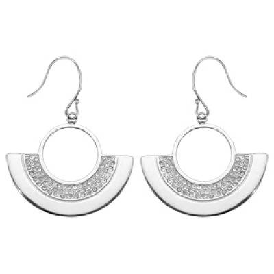 Boucles d'oreilles en acier forme géométrique anneau et demi-cercle avec cristal blanc et fermoir crochet