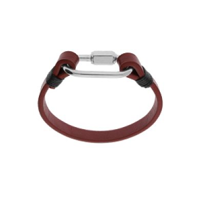 Bracelet en acier et cuir rouge avec mousqueton vissé