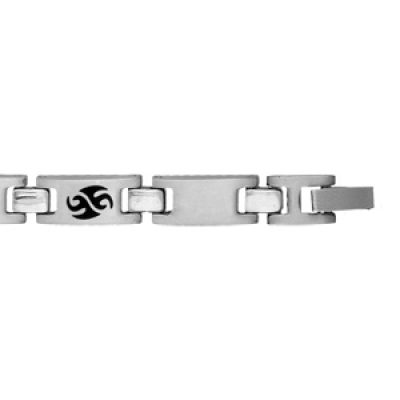 Bracelet en acier alternance de maillons lisses et maillons ornés d'un motif tribal en résine noire - 21cm