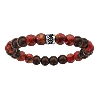 Bracelet acier elastique perles bois et quartz rouge