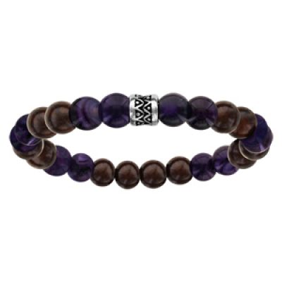 Bracelet acier elastique perles bois et quartz violet