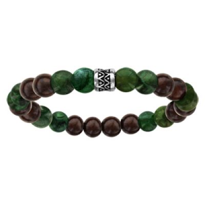 Bracelet acier elastique perles bois et quartz vert