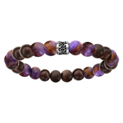 Bracelet acier elastique perles bois et quartz violet
