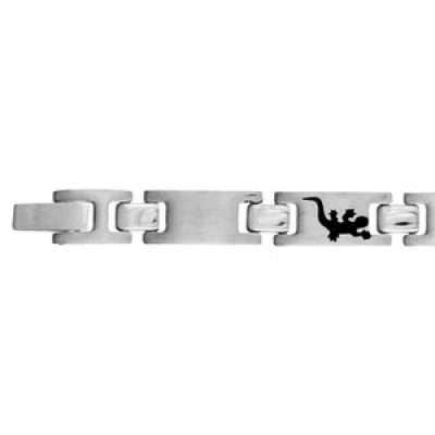 Bracelet en acier alternance de maillons lisses et maillons ornés d'une salamandre en résine noire - 21cm