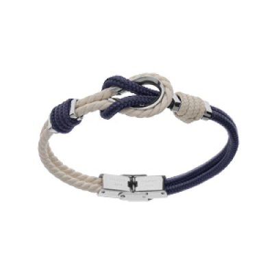 Bracelet en acier cordon bicolore blanc et bleu noeud marin 20cm réglable