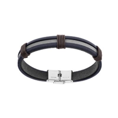 Bracelet en acier et cuir bleu et marron 20cm réglable
