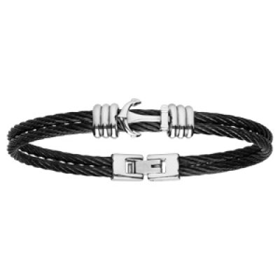 Bracelet en acier et double câble noir motif ancre 19cm