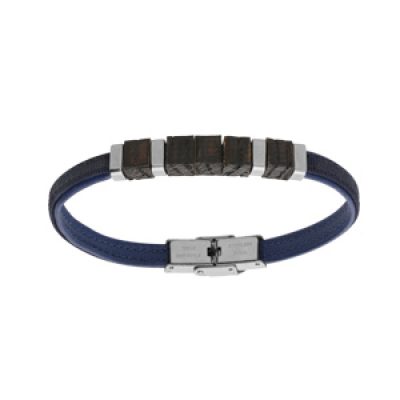 Bracelet en acier et cuir bleu et bois de chêne 20cm