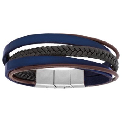 Bracelet en acier et cuir bleu marine