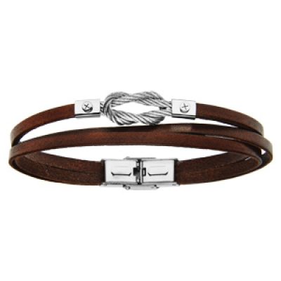 Bracelet en acier et cuir véritable marron 3 rangs et noeud marin en câble gris 20cm réglable