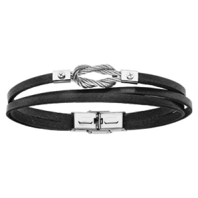 Bracelet en acier et cuir véritable noir 3 rangs et noeud marin en câble gris 20cm réglable