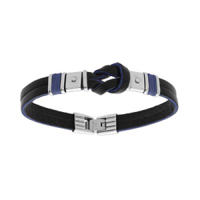 Bracelet en acier et cordon de cuir noir noeud central avec cordon bleu 20