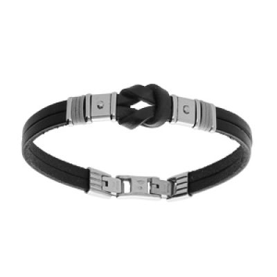 Bracelet en acier cuir noir avec noeud tranche et cordon gris 20