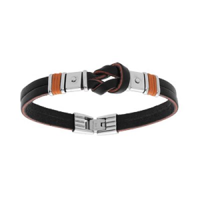 Bracelet en acier et cordon de cuir noir noeud central avec cordon orange 20