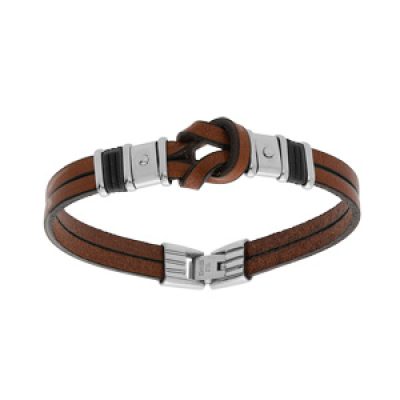 Bracelet en acier et cordon de cuir marron noeud central et cordon noir 20