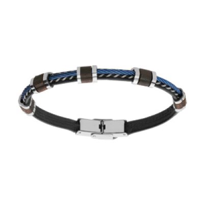 Bracelet en cuir noir et câble bleu avec motif bois de chene fermoir acier