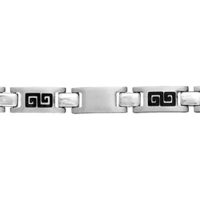 Bracelet junior en acier maillons alternés lisses et avec gravure motif méandres grecs noir - longueur 16cm