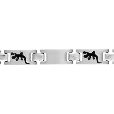 Bracelet junior en acier alternance de maillons lisses et maillons ornés d'une salamandre en résine noire - longueur 16cm
