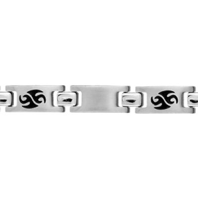 Bracelet junior en acier alternance de maillons lisses et maillons ornés d'un motif tribal en résine noire - longueur 16cm