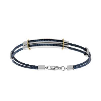 Bracelet en acier 2 câbles bleus réglable avec chaînette