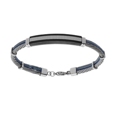 Bracelet en acier câble gris et cordon bleu réglable