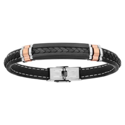 Bracelet tressé noir avec PVD noir et élément PVD rose 21cm réglable