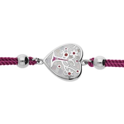 Bracelet Stella Mia en acier cordon fuschia pastille coeur motif arbre de vie et nacre 16+3cm
