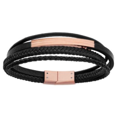 Bracelet en acier et cuir véritable plusieurs fils noir et tressé noir avec éléments PVD rose 20